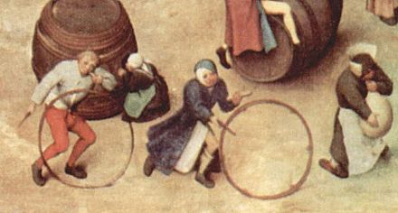 Dutch children rolling hoops, depicted in Pieter Bruegel's 1560 painting Children's Games.