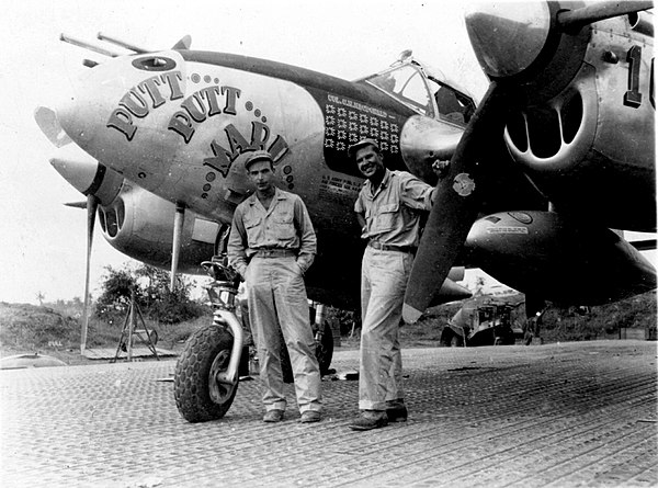 Col. MacDonald and Al Nelson next to his Lockheed P-38L "Putt Putt Maru(V)", 44-25471.