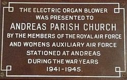 Plaque commemorating the donation of the organ to St Andrew's Church, Andreas.jpg