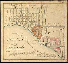 Paramaribo in 1821. Indicated in brown is the area devastated by the city fire of that year.