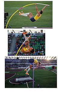 <span class="mw-page-title-main">Pole vault</span> Track and field event using a long pole as an aid to jump over a bar
