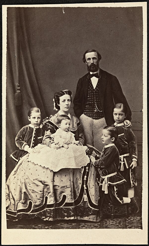 A photograph of Crown Princess Sofia of Sweden with her husband, Crown Prince Oscar and their sons (Gustaf, Oscar Bernadotte, Carl and Eugén), 1865.
