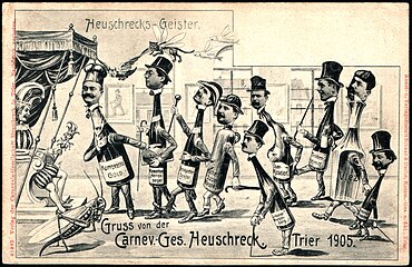 Caricature de 1905 d'une ancienne association pour le carnaval à Trèves, le « Trierer Karnevalsgesellschaft Heuschreck », fondée en 1848, dont les membres sont représentés en bouteilles de vin.