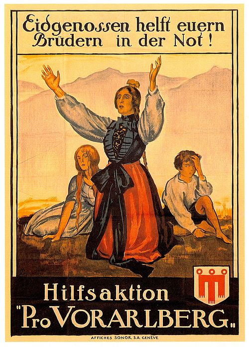 "Confederates, help your brothers in peril!" Swiss poster of the Pro Vorarlberg (de) movement advocating for an accession of Vorarlberg, 1919