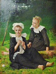 François-Alfred Delobbe, Jeunes dentellières de Beuzec-Conq (huile sur toile, vers 1905)