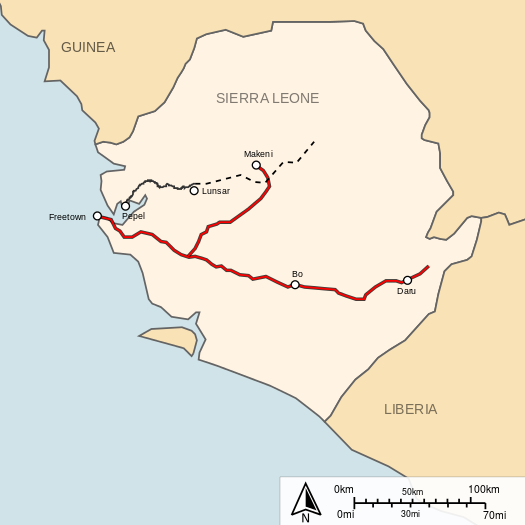 Railway network of Sierra Leone
1,067 mm (3 ft 6 in) gauge - purple
762 mm (2 ft 6 in) gauge - pink - closed. Railways in Sierra Leone.svg