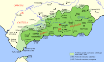 Extensión de al-Ándalus en el siglo X (Califato de Córdoba) y en el siglo XIV (Reino Nazarí de Granada).