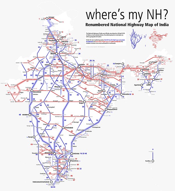 Renumbered National Highways map of India (Schematic)