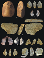 Stone tools from TD6.2, from the top left clockwise: simple flakes, cores, hammers, and retouched flakes as well as a chopper