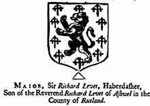 Coat of arms of Lord Mayor of London Sir Richard Levett. Strype's Survey of London, 1720 RichardLevettArms.jpg