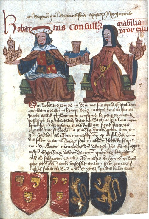 Robartus Consull et Mabilia uxor eius ("Robert Consul and Mabel his wife"). They are shown holding churches or abbeys which they founded or were benef