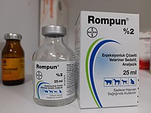 As a veterinary anesthetic, xylazine is administered once for intended effect before surgical procedures (trade name: Rompun) Rompun.jpg