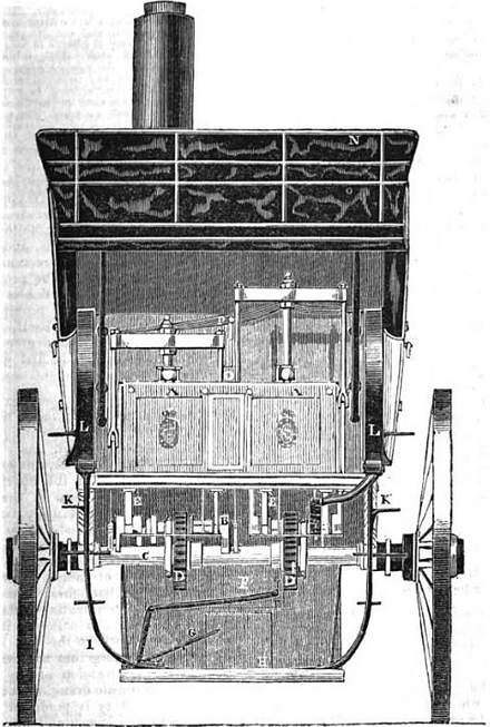 Russell's steam carriage with boiler below the axle and two pistons in 1834