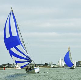 Spinnaker set for a broad reach, generating both lift, with separated flow, and drag.