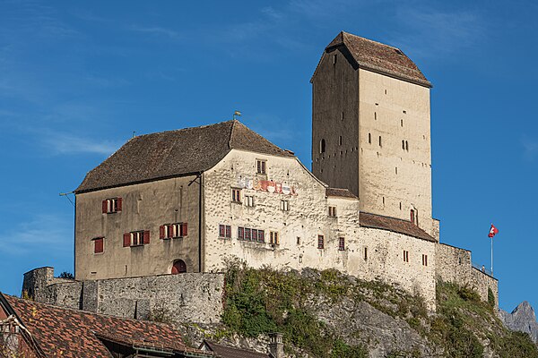 Sargans Castle, with the coats of arms of the seven cantons sharing jurisdiction visible on the left-hand side