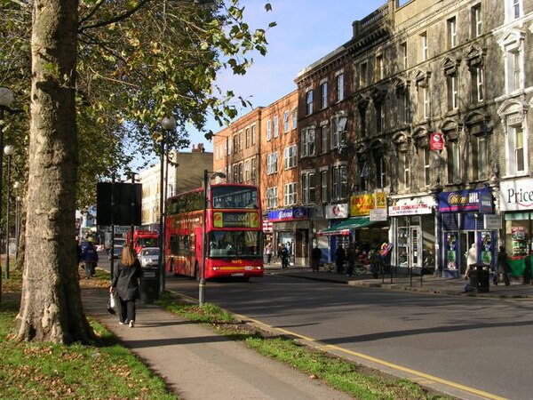 Shops on the Uxbridge Road on the north side of Shepherd's Bush Green