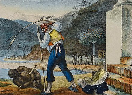 White overseer or master whipping a bound slave in Brazil