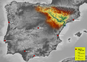 Kaart van die Ebro-bekken op die Iberiese Skiereiland.