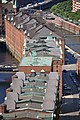 Deutsch: Blick über die Blöcke W, T, S und P der Speicherstadt in Hamburg-HafenCity (von vorne nach hinten gesehen).