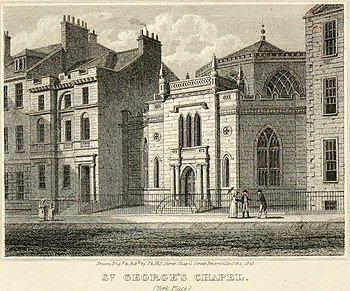 St George's Chapel in 1830 plus manse on its left St George's Chapel York Place Edinburgh.jpg