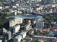 Vue du stade des Alpes depuis la Bastille de Grenoble.