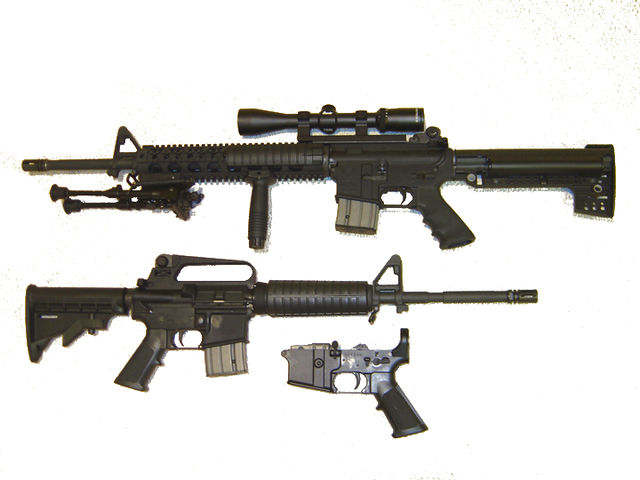 AR-15 rifles showing their configurations with different upper receivers. The lower receiver is visible at the bottom