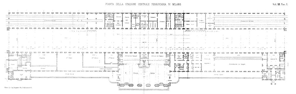 Plattegrond van het centraal station van Milaan uit 1865. Reproductie uit "Journal of the Engineer and Architect", januari 1865, vol.  13, bijlage