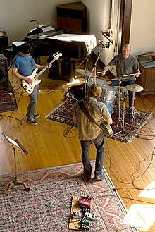 Stereo Donkey in rehearsal, in the former church that is the "fourth member of the band." April 17, 2016. Stereo Donkey in rehearsal 2016.jpg