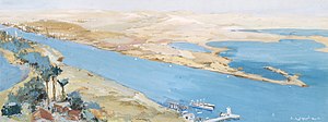 Suez Canal. 28th April 1916 - from the crow's nest of Deversoir Signal Station. Serapeum, on the extreme left, was the Base camp. Art.IWMART2841.jpg