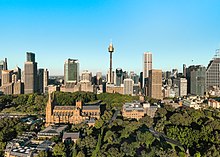 The Central Business District is surrounded by parks such as Hyde Park, The Royal Botanic Gardens and The Domain Sydney CBD Skyline with Hyde Park and St Marys Cathedral.jpg