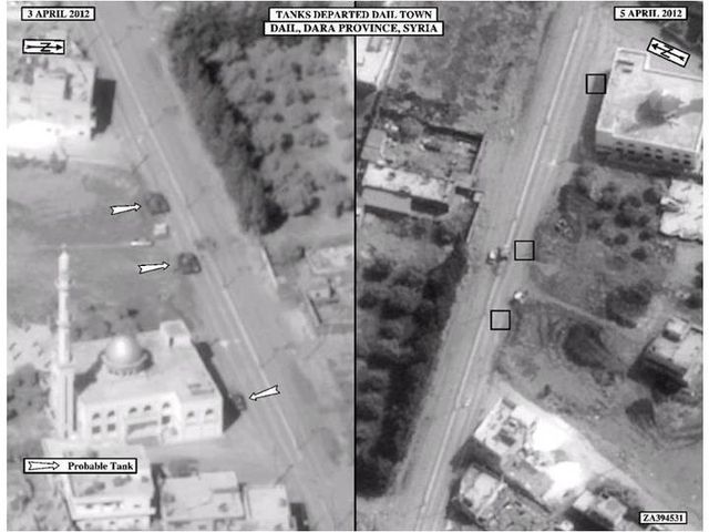 US Satellite imagery of Syrian tanks departing Da'el in Daraa province after several days of assaults against the town in April 2012.