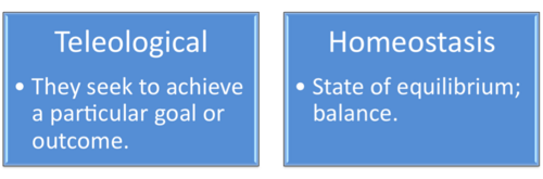 Graphic: in left blue box, "Teleological: They seek to achieve a particular goal or outcome." In right blue box, "Homeostasis: State of equilibrium; balance."