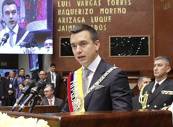 Noboa delivering his inaugural speech, 23 November 2023