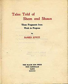 Cover of Tales of Shem and Shaun by James Joyce published by Caresse Crosby and Harry Crosby, owners and publishers of the Black Sun Press. Tales of shem and shaun.jpg