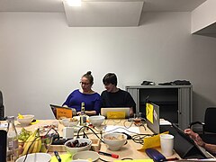 Tech on Tour Berlin: WMDE staff and community member collaboratively working on a new wish