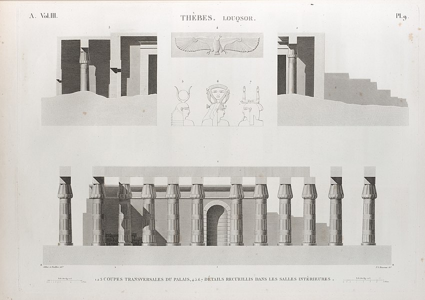 Pl.9 - 1-3. Coupes transversales du palais 4-7. Détails recueillis dans les salles intérieures