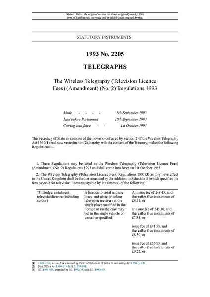 File:The Wireless Telegraphy (Television Licence Fees) (Amendment) (No. 2) Regulations 1993 (UKSI 1993-2205).pdf