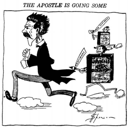 Reed Smoot is shown fleeing two volumes of the Journal of Discourses. Protestants used quotes from the volumes of teachings of the prophets when asking Smoot questions about his religion.[11]