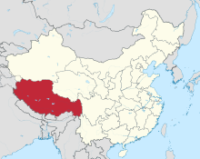 The Tibetan Autonomous Region, highlighted in red, is home to approximately half of the country's ethnic Tibetan population. Tibet in China (de-facto).svg