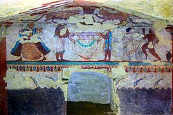 Etruscan fresco from Tarquinia Tomba delle leonesse - parete frontale del ripostiglio.jpg