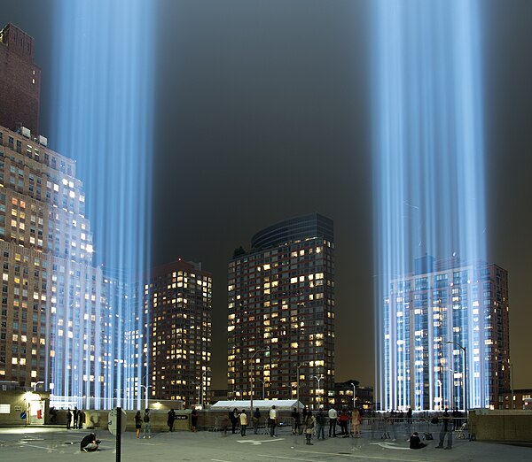 Tribute in Light as seen from atop a parking garage in Battery Park in 2018