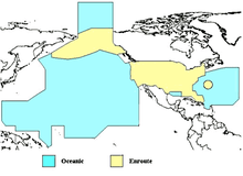 Mapa de aproximadamente o hemisfério norte do Japão e da Nova Guiné (borda esquerda) até o meio do Oceano Atlântico Norte.  O mapa mostra amarelo sobre os EUA continentais e Bahamas, Alasca (e grande parte do Mar de Bering) e um círculo amarelo ao redor das Bermudas.  A maior parte do Pacífico Norte é colorida de azul junto com uma pequena seção no meio do Golfo do México e a metade ocidental do Atlântico Norte, aproximadamente da latitude do Maine até a borda norte das Ilhas Leeward (ou Porto Rico).