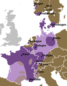 Distribuzione della r gutturale (come [ʁ ʀ χ]) in Europa nella metà del XX secolo.
