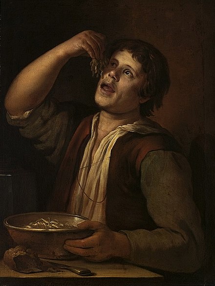Jan Vermeer van Utrecht's painting of a man eating unspecified noodles (National Museum, Warsaw).