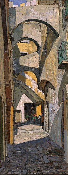 Vicolo di Formia (1956)
Oil painting by Antonio Sicurezza of an alleyway with flying buttresses between buildings Vicolo di Formia.JPG