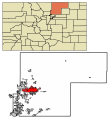 Weld County Colorado Incorporated and Unincorporated areas Greeley Highlighted 0832155.svg