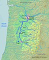 El río Willamette discurre en dirección norte por el oeste del estado, hasta desaguar en el Columbia, junto a Portland.
