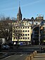 Wuppertal, Wohnquartier Elberfeld-Mitte, Sophienstr. 28, Fassade zur Aue, überragt vom Turm der Neuen reformierten Kirche am Beginn der Sophienstraße