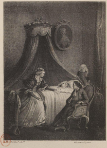 Gravure en noir et blanc montrant un jeune homme mourant dans son lit, entouré de trois personnages
