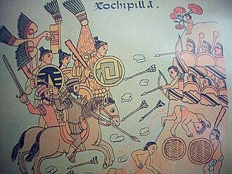 Viceroy don Antonio de Mendoza and Tlaxcalan Indians battle with the Caxcanes in the Mixton war, 1541-42 in Nueva Galicia. Xochipilla.jpg